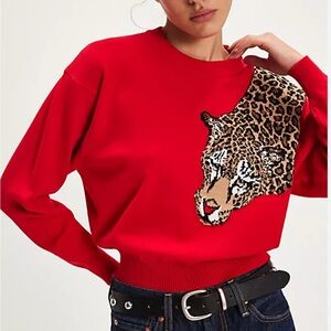 Ronny Kobo Nahilla Leopard Sweater - M Red Cashmere Blend